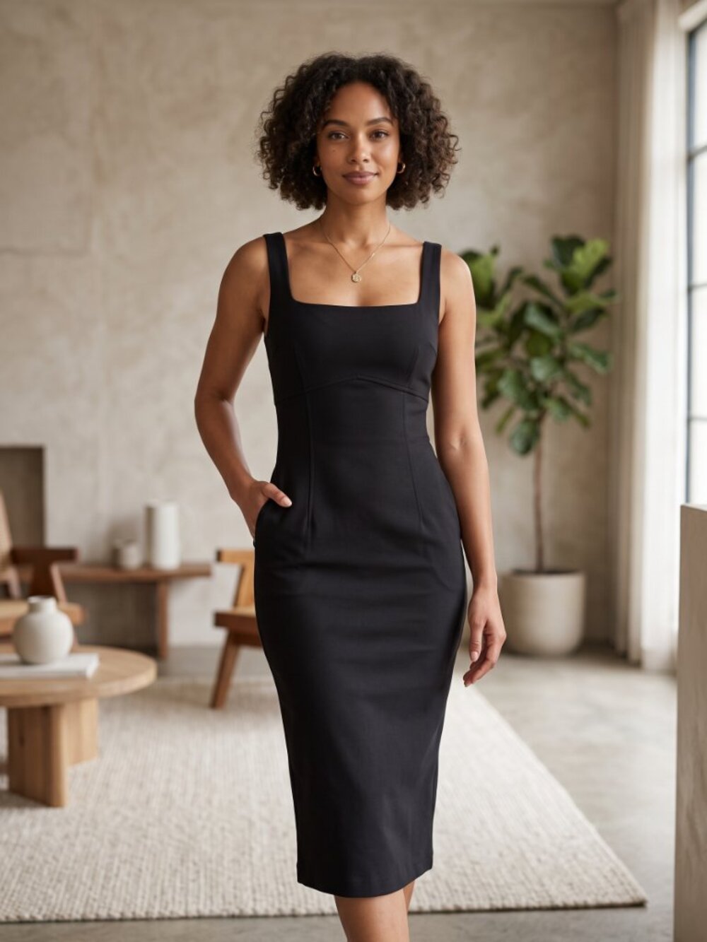 Gaze 90s Minimalist Square Neck Bodycon Sheath Midi Dress Black Size L